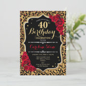 40e verjaardag - Red Roses Leopard Print Kaart (Staand voorkant)