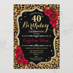 40e verjaardag - Red Roses Leopard Print Kaart