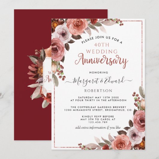 40e verjaardag Red Ruby, Rose Goud Blush Bloem Kaart (Voorkant / Achterkant)