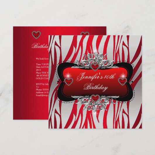 40e verjaardag Red Silver Zebra Black Kaart (Voorkant / Achterkant)
