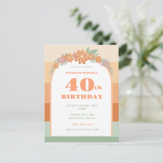 40e verjaardag retro bloemen uitnodiging (Staand voorkant)