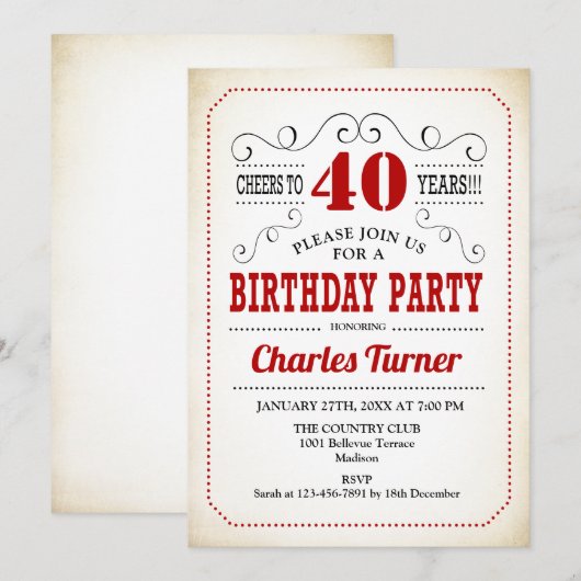 40e verjaardag - Retro Creamy White en Red Kaart (Voorkant / Achterkant)