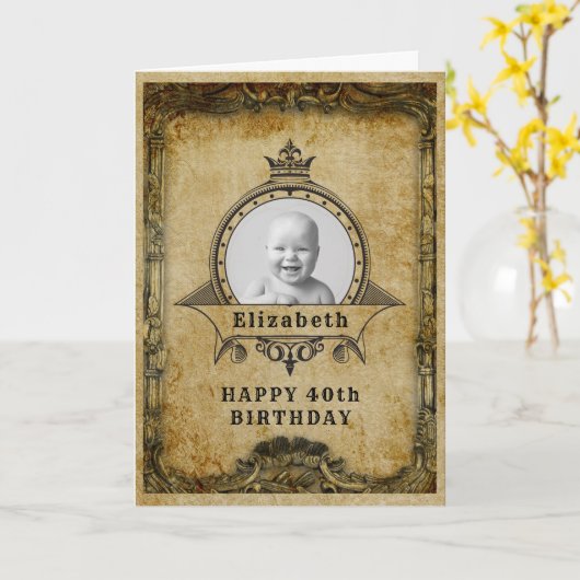 40e Verjaardag Retro  Monogram Foto Adult Kaart (Gele Bloem)