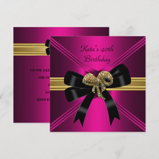 40e verjaardag Rich Royal Black Bright Pink Kaart (Voorkant / Achterkant)