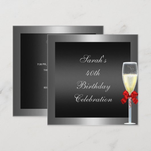 40e verjaardag Rode Bow Champagne Silver Black Kaart (Voorkant / Achterkant)