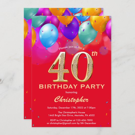 40e verjaardag Rode en gouden kleurrijke ballonnen Kaart (Voorkant / Achterkant)