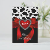 40e verjaardag Rode Heart Jewel Cow Zwarte Bow RSVP Kaartje (Staand voorkant)