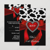 40e verjaardag Rode Heart Jewel Cow Zwarte Bow RSVP Kaartje (Voorkant / Achterkant)