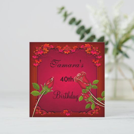 40e verjaardag Rode Rose Floral Elegant Invite Kaart (Staand voorkant)