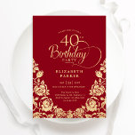 40e verjaardag Rood Goud Rozen Kaart<br><div class="desc">Rood goud elegante 40e verjaardag uitnodiging. Klassiek ontwerp met rozen,  faux gouden folie en typografie script lettertype. Trendy uitnodigingskaart ideaal voor een stijlvol vrouw bday-feest. Personaliseer met uw eigen gegevens. Kan worden aangepast aan elke leeftijd. Gedrukte Zazzle-uitnodigingen of direct downloadbare digitale afdrukbare sjabloon.</div>