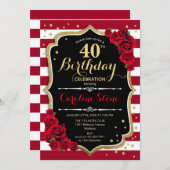 40e Verjaardag - Rood Goud Zwart Wit Strepen Rozen Kaart (Voorkant / Achterkant)