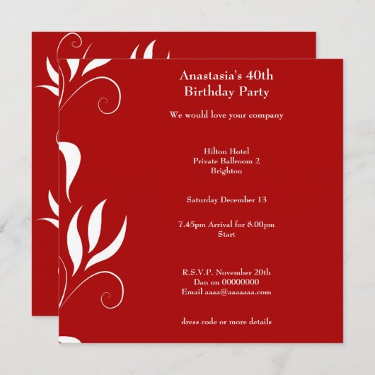 40e Verjaardag Rood met Witte Bloemen Kaart (Voorkant / Achterkant)