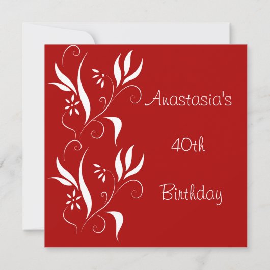 40e Verjaardag Rood met Witte Bloemen Kaart (Achterkant)