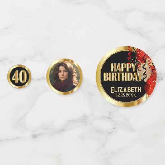 40e verjaardag - Rood, Zwart en Goud 🎈 Foto Confetti (Voorkanten)