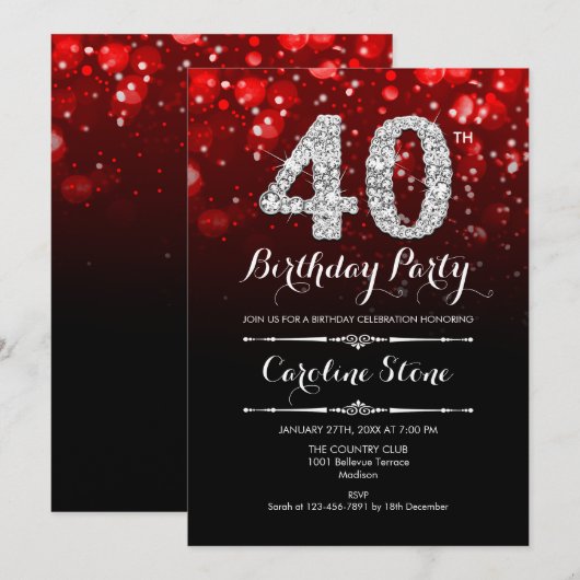 40e verjaardag - Rood Zwart Zilver Kaart (Voorkant / Achterkant)