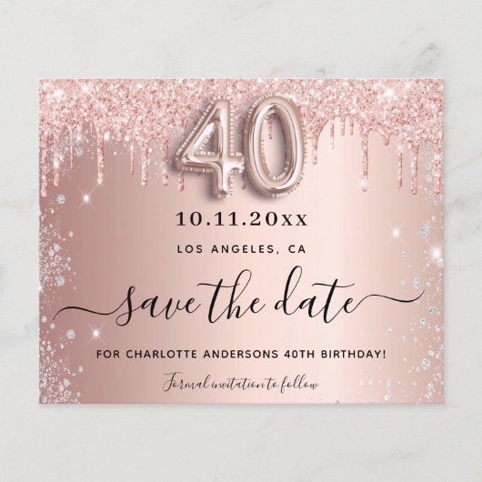 40e verjaardag roos glitters budget save the date flyer (Voorkant)