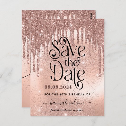 40e verjaardag Roos Gold Save the Date Briefkaart (Voorkant / Achterkant)