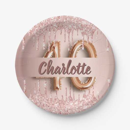 40e verjaardag roos goud glitter monogram luxe papieren bordje (Voorkant)