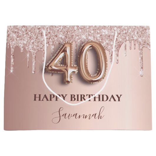 40e verjaardag roos goud glitter roze ballonstijl groot cadeauzakje (Voorkant)