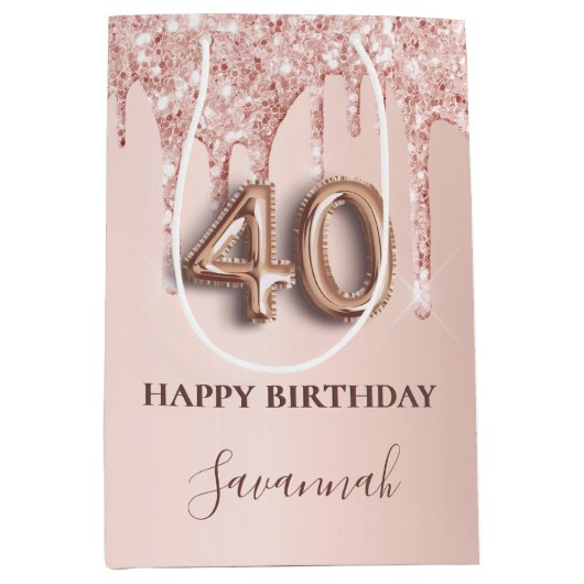 40e verjaardag roos goud glitter roze ballonstijl medium cadeauzakje (Voorkant)