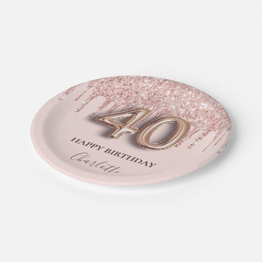 40e verjaardag roos goud glitter roze ballonstijl papieren bordje (Gekanteld)