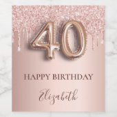 40e verjaardag roos goud glitter roze ballonstijl wijn etiket (Enkel label)