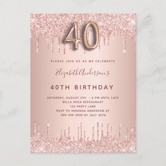 40e verjaardag roos goud glitter roze luxe uitnodiging briefkaart (Voorkant)