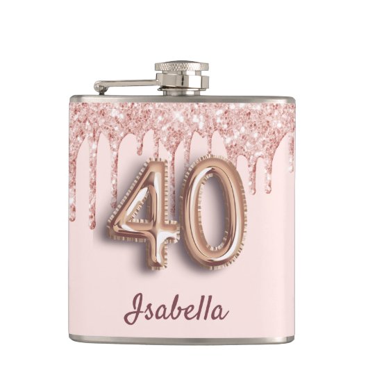 40e verjaardag roos goud glitter roze vrienden heupfles (Voorkant)