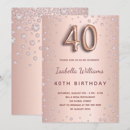 40e verjaardag roos gouddiamanten kaart (Voorkant / Achterkant)