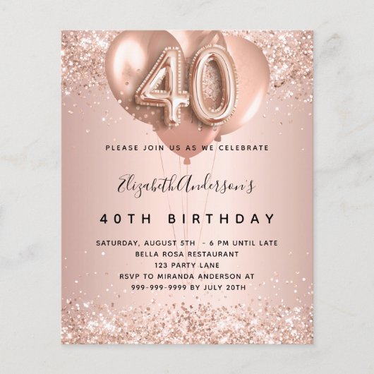 40e verjaardag roos gouden ballonnen begrotingsuit flyer (Voorkant)