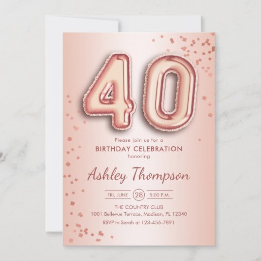 40e verjaardag - Roos gouden ballonnen Kaart (Voorkant)