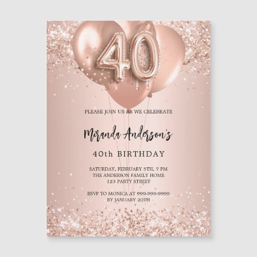 40e verjaardag roos gouden ballonnen luxe magnetische uitnodiging (Voorkant)