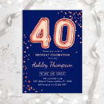 40e verjaardag - Roos gouden ballonnen marine Kaart<br><div class="desc">40e uitnodiging voor verjaardagsfeestjes. Elegant ontwerp in faux glitter roos gold en marinesurk blauw. Nodig kaart uit roos gouden nummer 40 ballonnen en manuscriptdoopvont. Ideaal voor een stijlvolle feestdag. Bericht me als je aangepaste leeftijd nodig hebt.</div>