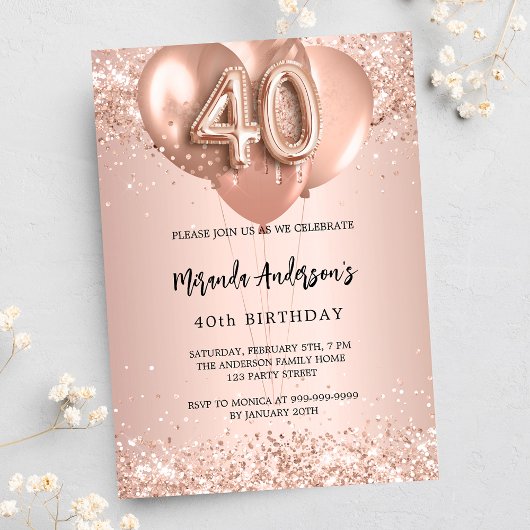 40e verjaardag roos gouden ballonnen uitnodiging briefkaart