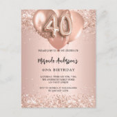 40e verjaardag roos gouden ballonnen uitnodiging briefkaart (Voorkant)