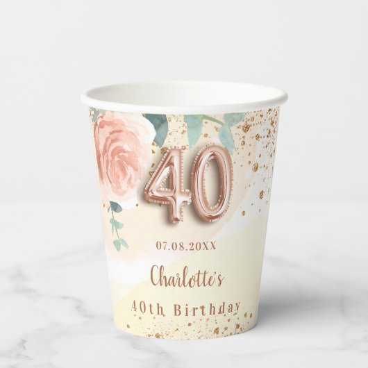 40e verjaardag roos gouden florale glitter golden  papieren bekers (Achterkant)