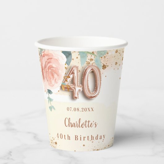 40e verjaardag roos gouden florale glitter golden  papieren bekers (Voorkant)