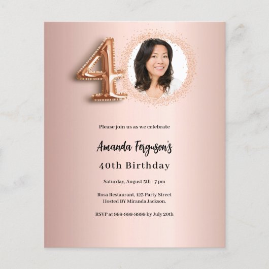 40e verjaardag roos gouden fotouitnodiging (Voorkant)