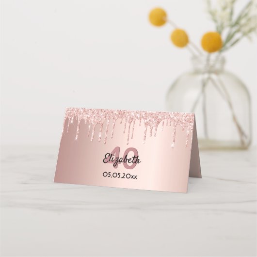 40e verjaardag roos gouden glitter roze glans plaatskaartje (Voorkant)