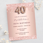 40e verjaardag roos gouden glitter roze uitnodigin briefkaart<br><div class="desc">Een moderne, stijlvolle en glamoureuze uitnodiging voor een 40e verjaardagsfeestje. Een faux roos gouden metalen achtergrond met een elegante faux roos goudglitter drip, verfdruppelaar. De naam wordt geschreven met een modern donker roos goudkleurig handgeschreven stijlmanuscript met letters. Pas je partijgegevens aan en voeg deze toe. Nummer 40 wordt geschreven met...</div>