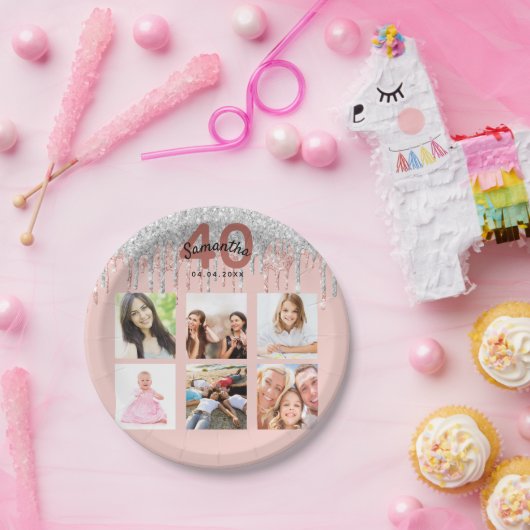 40e verjaardag: roos gouden glitter zilveren foto papieren bordje (Feest)