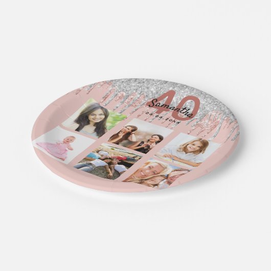 40e verjaardag: roos gouden glitter zilveren foto papieren bordje (Gekanteld)