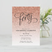 40e Verjaardag Roos Gouden Ombre Glitter Invitatio Kaart (Staand voorkant)
