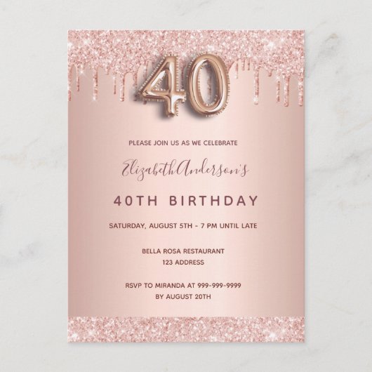 40e verjaardag roos gouden roze druppels uitnodigi briefkaart (Voorkant)