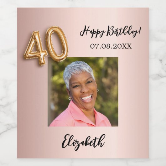 40e Verjaardag roos gouden roze foto Wijn Etiket (Enkel label)