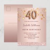 40e verjaardag roos gouden roze sterren ballonschr briefkaart (Voorkant / Achterkant)