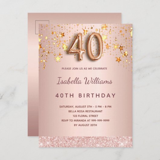 40e verjaardag roos gouden roze sterren ballonschr briefkaart (Voorkant / Achterkant)