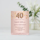 40e verjaardag roos gouden roze sterren ballonschr briefkaart (Staand voorkant)