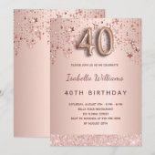 40e verjaardag roos gouden roze sterren ballonschr kaart (Voorkant / Achterkant)