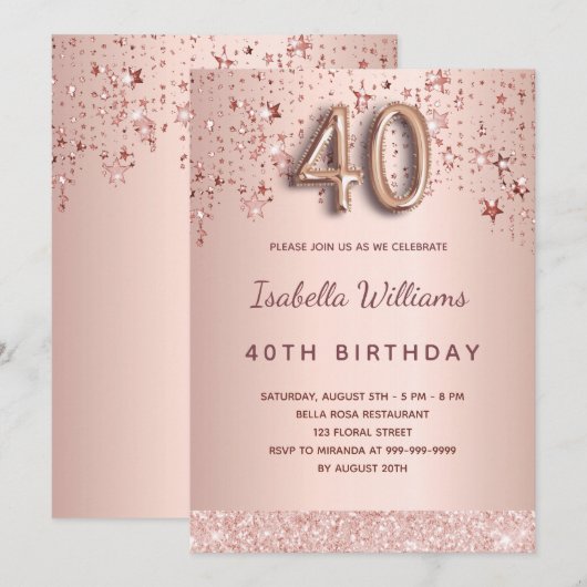 40e verjaardag roos gouden roze sterren ballonschr kaart (Voorkant / Achterkant)